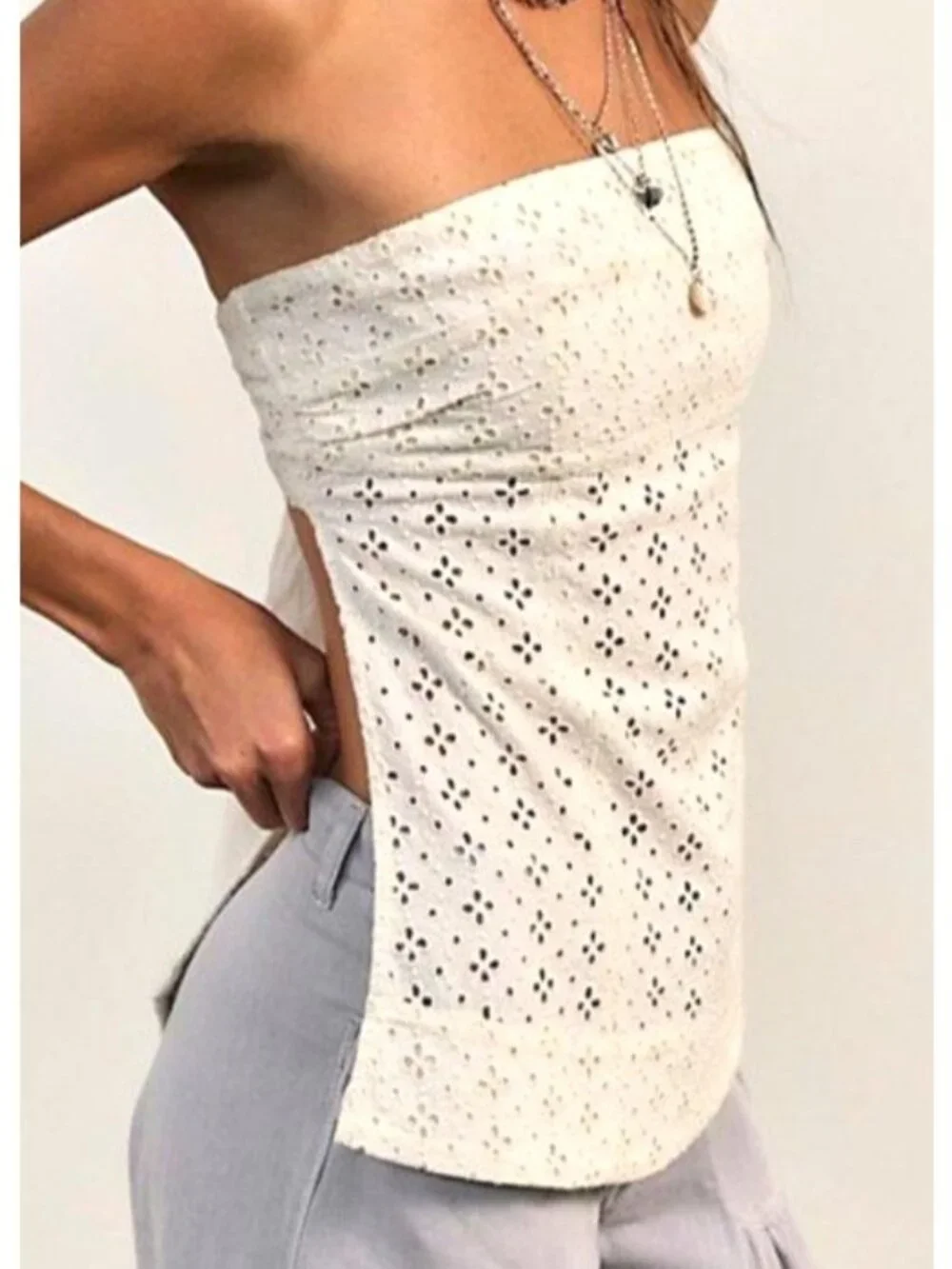Free People Womens Sz M Ivory Solara Eyelet Tube Top Eyelet Strapless Top